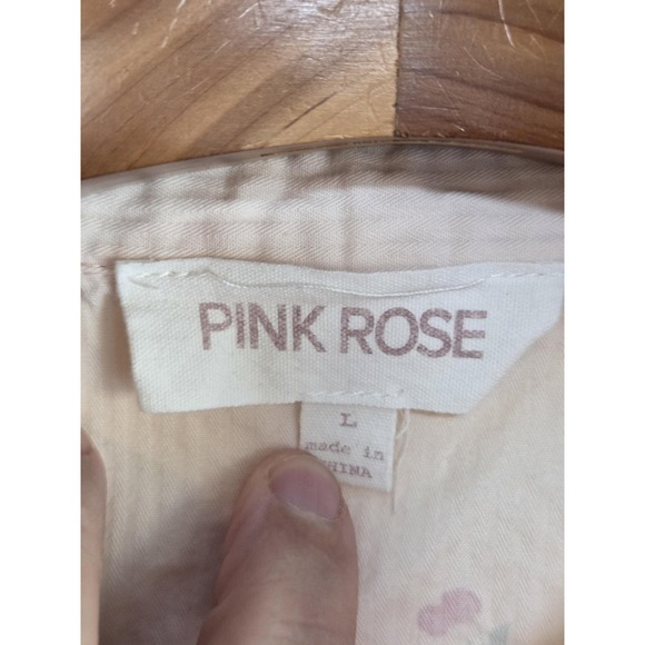Pink Rose Shirt Womens Large Pink Cherry Print Button Front Collared Top Blouse - Picture 5 of 8